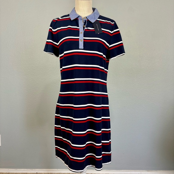NWT Tommy Hilfiger Striped Collared Shirt Dress Red Blue M Nautical Preppy Beach - Picture 1 of 7